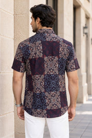 Black Half Sleeve Ajrakh Printed Cotton Mens Shirt 10072906