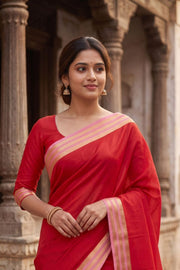 Cherry Blossom Red Mysore Crepe Silk Saree With Zari Border 10076228