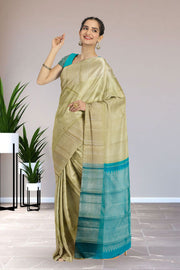 Greenish Pastel Yellow Pure Zari Kanjivaram Silk Saree 10063139
