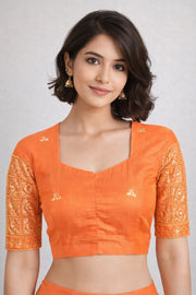 Orange Aari Embroidered Silk Blouse 10068946