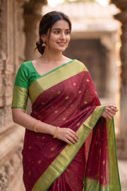 Chilli Red Mysore Crepe Silk Saree With Geometric Butta Design And Zari Border 10076658
