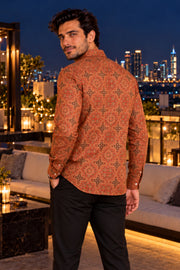 Rust Orange Ajrakh Printed Vegan Modal Silk Mens Shirt 10078100