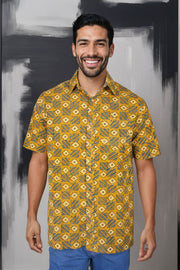 Mustard Yellow Half Sleeve Ajrakh Printed Cotton Mens Shirt 10071098