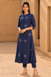 Blue Hand Embroidered Cotton Kurta 10077669