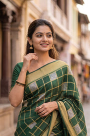Jungle Leaf Green Mysore Crepe Silk Saree With Checks And Zari Border 10076662