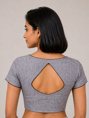 Grey Handcrafted Slub Cotton Solid Style Blouse 10073176