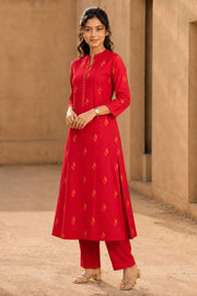 Red Hand Embroidered Cotton Kurta  10077659