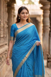 Deep Aqua Blue Mysore Crepe Silk Saree With Geometric Design And Zari Border 10076673