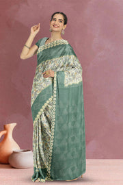 Green Floral Printed Linen Saree 10074035