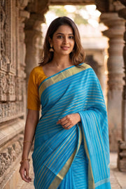 Aqua Sky Blue Mysore Crepe Silk Saree With Stripes Zari Design And Zari Border 10076674