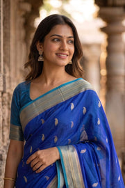 Royal Azure Blue Mysore Crepe Silk Saree With Leaf Butta Design And Zari Border 10076678