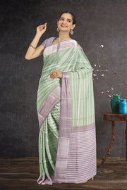 Kanjivaram Pure Zari Silk Saree in Light Sage Green with Zari Stripes and Contrast Mauve Border 10076132