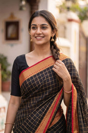 Coffee Bean Black Mysore Crepe Silk Saree With Checks Design And Zari Border 10076267