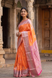 Kanjivaram Viscose Vegan Silk Saree in Peachish Orange with Contrast Pallu 10073860