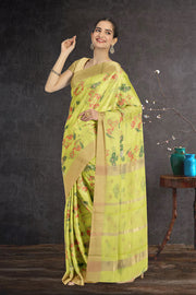 Green Parrot Motifs Chanderi Printed Silk Cotton Saree 10075936