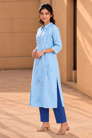 Powder Blue Embroidered Cotton Shirt Style Kurta 10077671