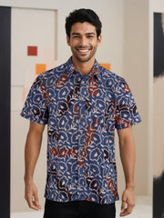 Blue Half Sleeve Ajrakh Printed Cotton Mens Shirt 10072912