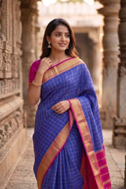 Moonlit Ocean Blue Mysore Crepe Silk Saree With Checks Design And Pink Zari Border 10076266