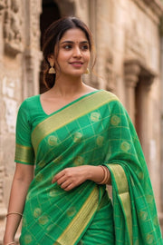 Aqua Mint Green Mysore Crepe Silk Saree With Floral Design And Zari Border 10076680