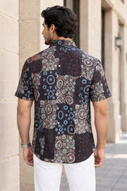 Black Half Sleeve Ajrakh Printed Cotton Mens Shirt 10072989