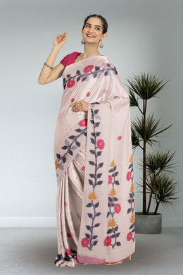 Cream Handloom Jamdani Linen Saree 10074651