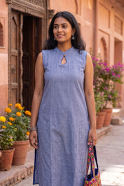 Blue Handcrafted Solid Style Sleeveless Cotton Kurta 10077454