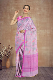 Lavender Parrot Motifs Chanderi Printed Silk Cotton Saree 10075928