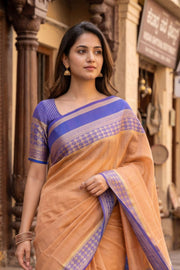 Desert Gold Beige with Blue Mysore Crepe Silk Saree With Zari Border 10076663