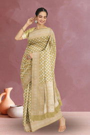 Light Olive Green Handloom Banarasi Katan Silk Saree 10063207