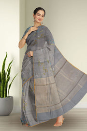 Grey Chanderi Printed Silk Cotton Saree 10075373