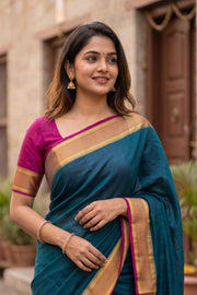 Midnight Teal Blue Mysore Crepe Silk Saree With Zari Border 10076670