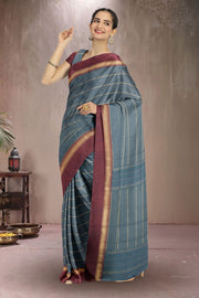 Dusty Teal Green Art Silk Kanjivaram Saree With Stripes Design 10076331