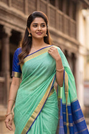 Minted Aqua Green Mysore Crepe Silk Saree With Zari Border 10076677