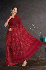 Red Handloom Jamdani Style Cotton Saree with Blouse 10074228