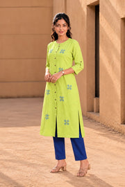 Lime Green Hand Embroidered Cotton Kurta 10077673