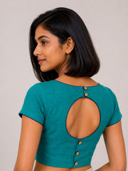 Blue Handcrafted Slub Cotton Solid Style Blouse 10073180