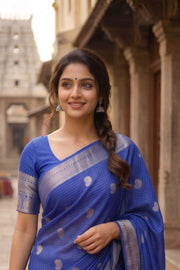 Sapphire Blue Mysore Crepe Silk Saree With Paisley Motifs Design And Zari Border 10076681