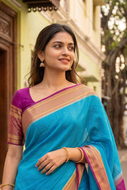 Pacific Blue With Purple Mysore Crepe Silk Saree 10076657