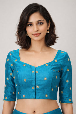 Cyan Blue Aari Embroidered Raw Silk Blouse 10066510