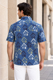 Blue Half Sleeve Ajrakh Printed Cotton Mens Shirt 10073052