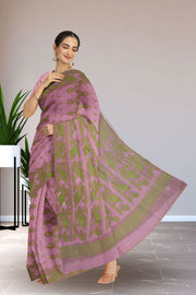 Mauve Handloom Jamdani Style Cotton Saree with Blouse 10074218
