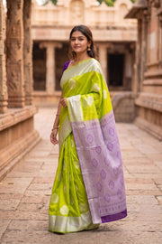 Green Handloom Kanjivaram Vegan Silk Saree with Contrast Pallu 10073866