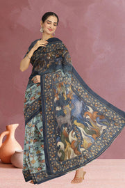 Blue Kalamkari Printed Malai Cotton Saree 10074690