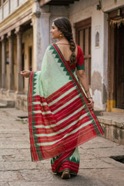 Light Mint Green Kanjivaram Vegan Silk Saree with Temple Border 10077947