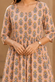 Peach Hand Block Printed Cotton Dress 10077621