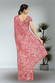 Pink Handloom Jamdani Linen Saree 10074654