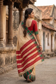 Beige Kanjivaram Vegan Silk Saree with Temple Border 10077949