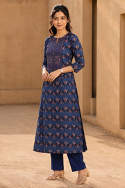 Blue Hand Block Printed Cotton Kurta 10077667