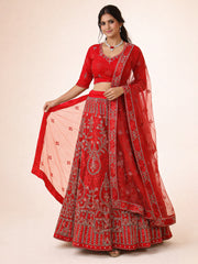 Red Net Silk Embroidered Lehenga 10076885
