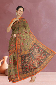 Green Kalamkari Printed Malai Cotton Saree 10074682